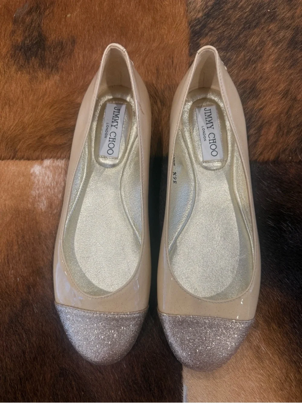 JIMMY CHOO Beige Patent Leather Glitter-Toe Whirl Flats